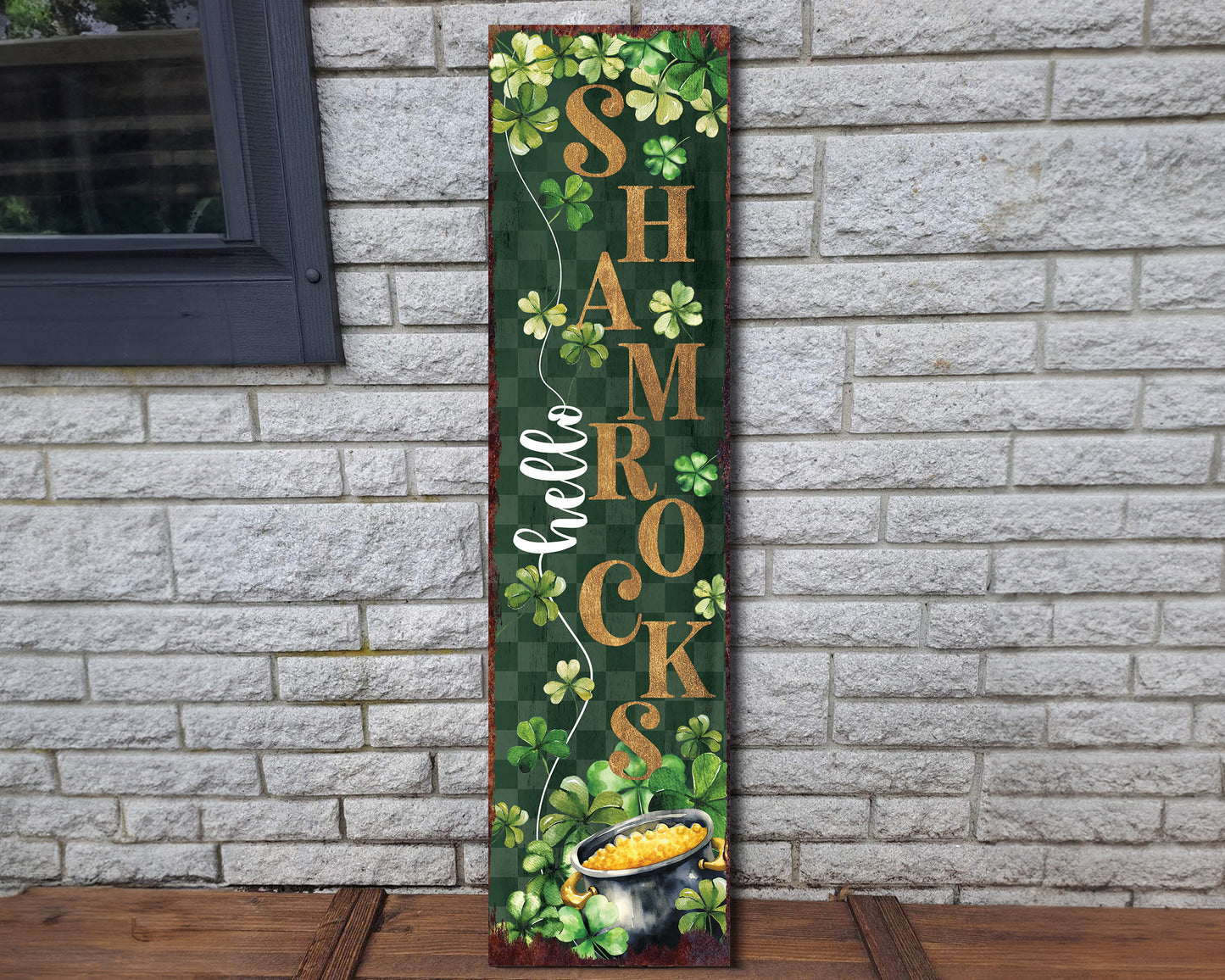 36-Inch Rustic Modern Farmhouse Entryway St. Patrick's Day "Hello Shamrocks" Sign for Front Porch, St. Patrick's Outdoor Decor for Front Door