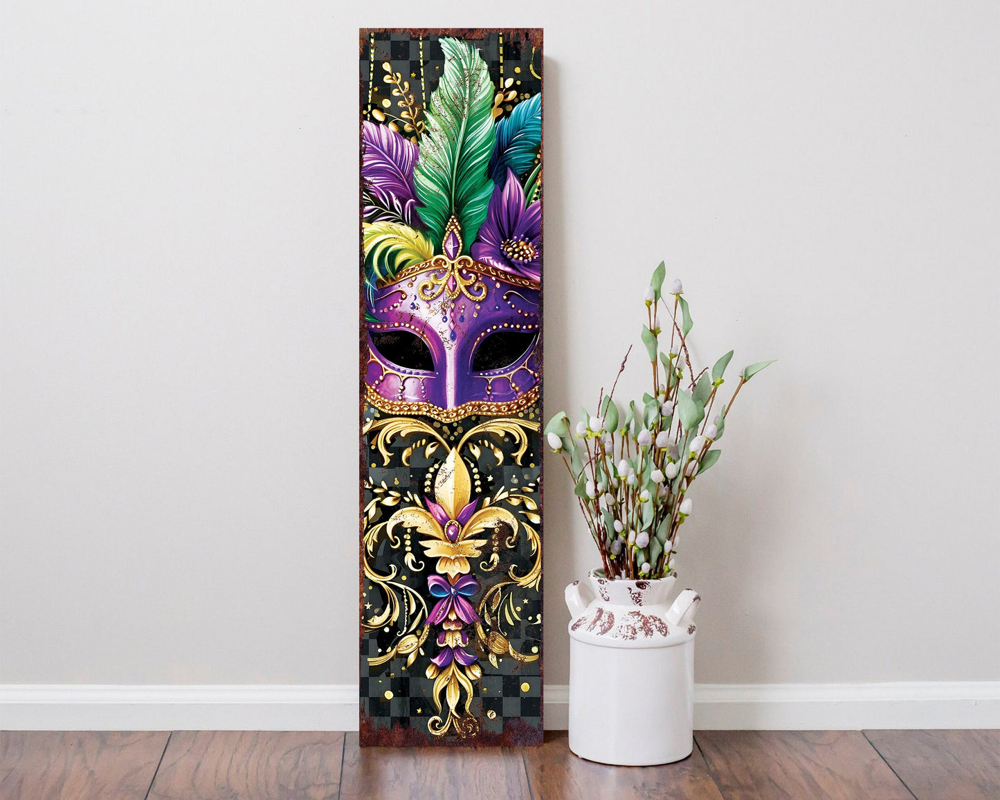 Rustic Modern Farmhouse Entryway Board - 36in Mardi Gras Mask Art Porch Sign, Front Porch Mardi Gras Welcome Sign