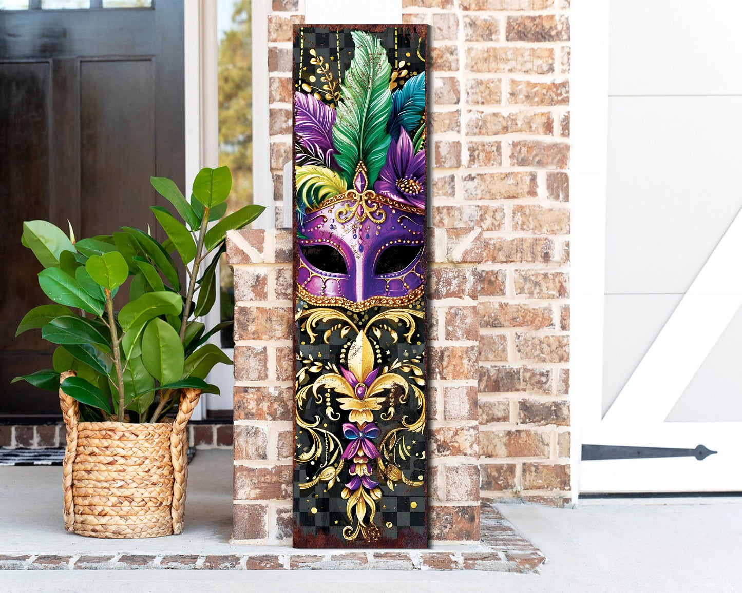 Rustic Modern Farmhouse Entryway Board - 36in Mardi Gras Mask Art Porch Sign, Front Porch Mardi Gras Welcome Sign