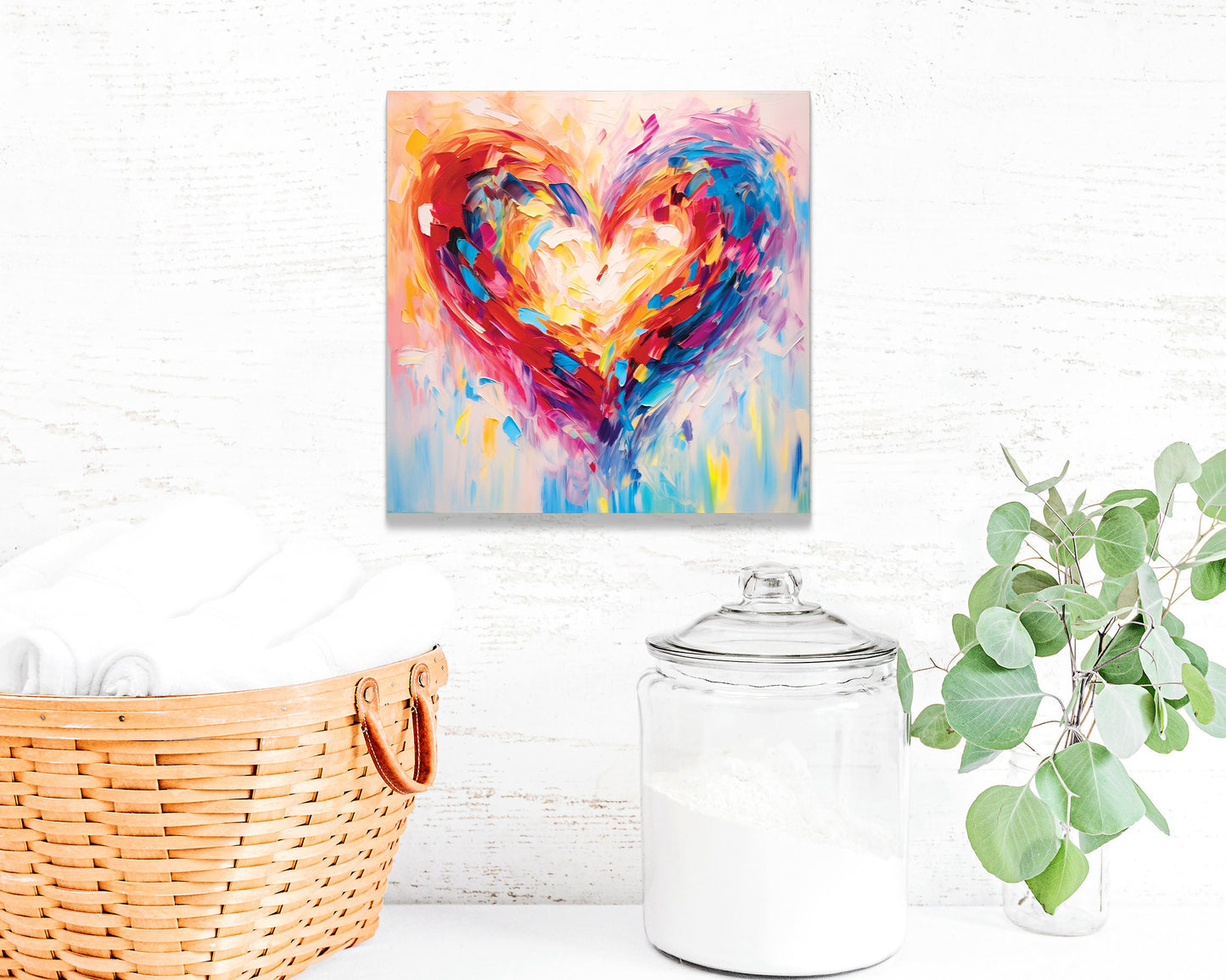 12in Oil Painting Style of a Colorful Heart Valentine__ Day Canvas UV Print Wall Art, Wall Canvas Printing, Living Room Decor | Mantle