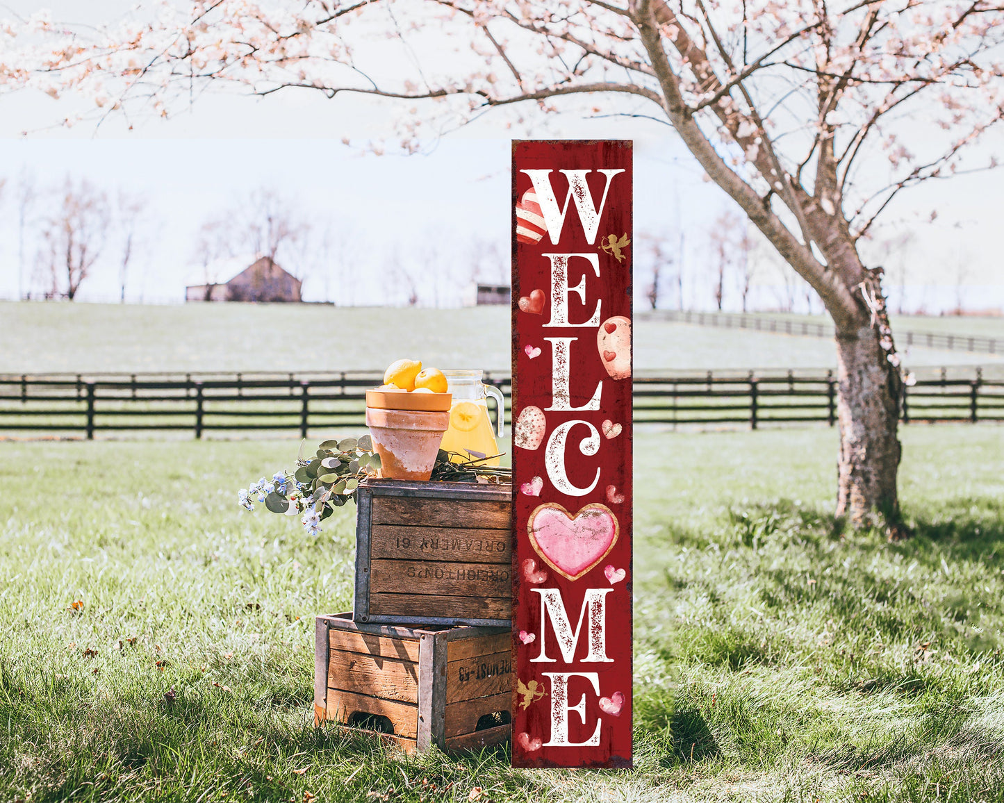 48in 'Welcome' Valentine's Day Porch Sign, Front Porch Valentine's Welcome Sign