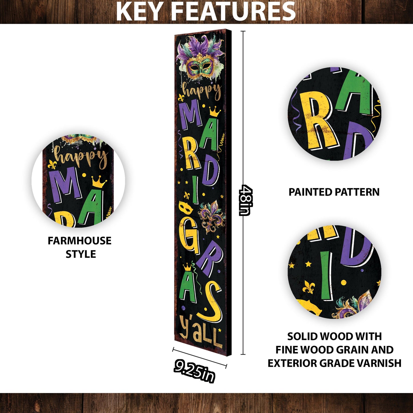 48-Inch 'Mardi Gras Y'all' Porch Sign, Rustic Modern Farmhouse Entryway Board, Front Porch Mardi Gras Welcome Sign