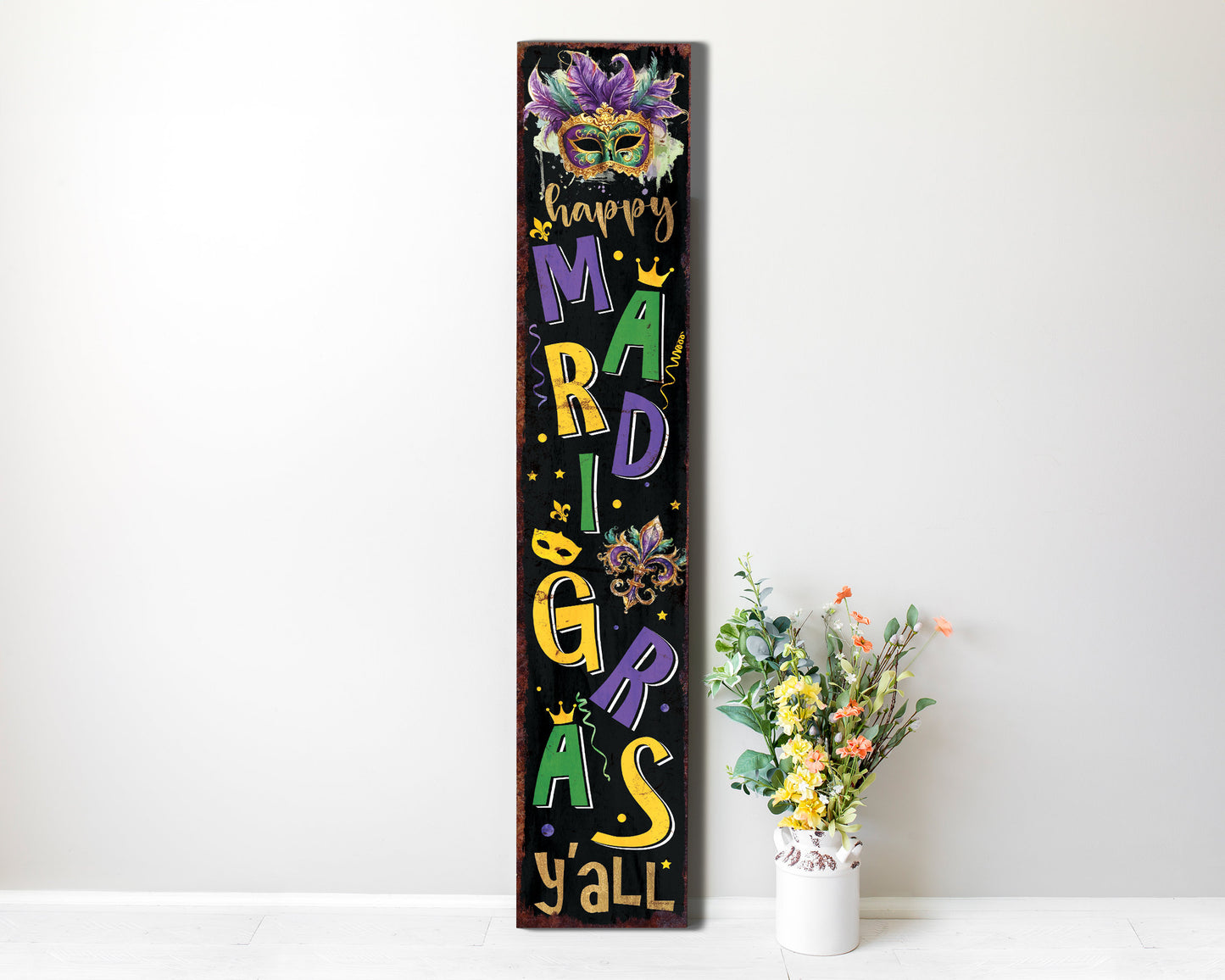 48-Inch 'Mardi Gras Y'all' Porch Sign, Rustic Modern Farmhouse Entryway Board, Front Porch Mardi Gras Welcome Sign