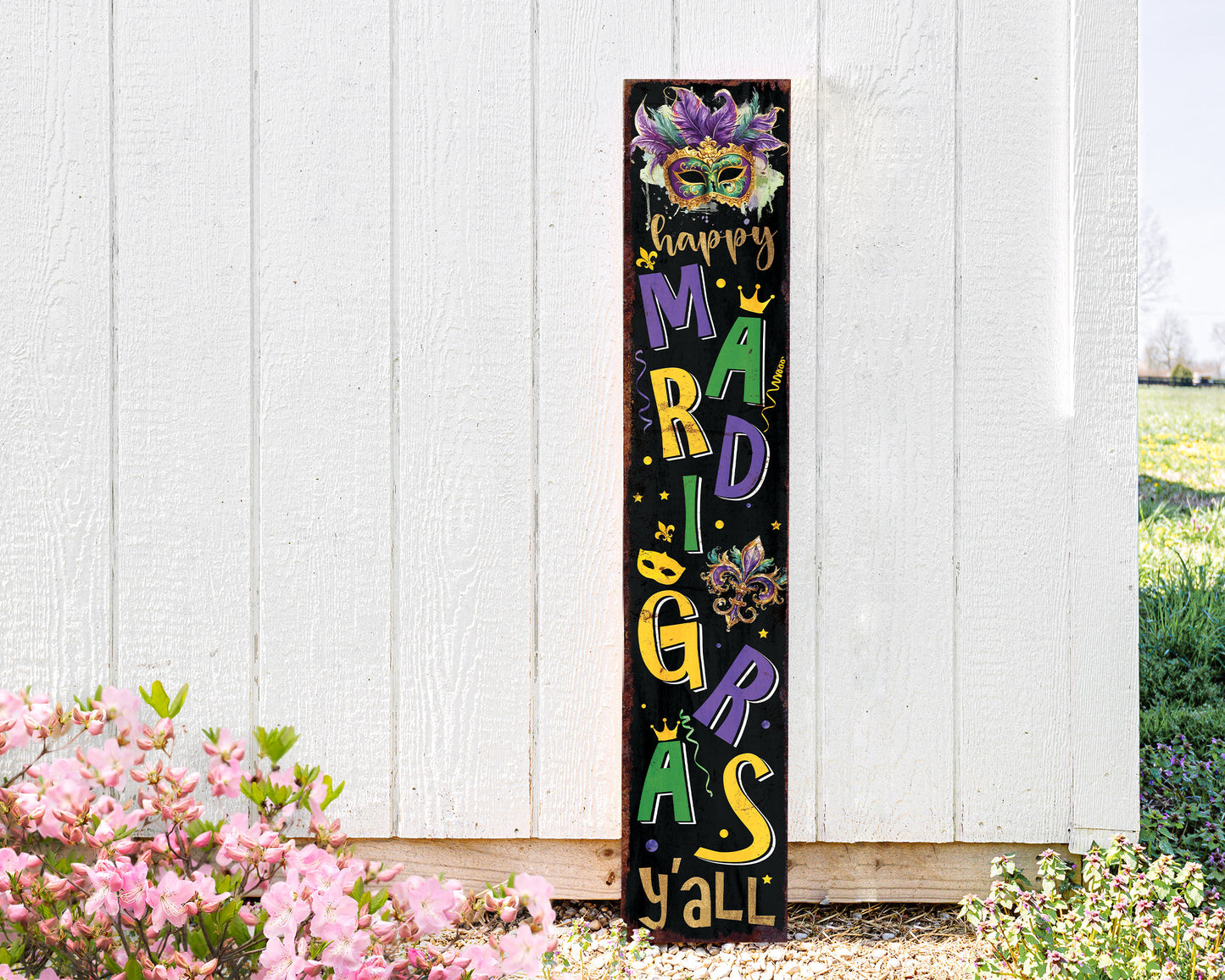 48-Inch 'Mardi Gras Y'all' Porch Sign, Rustic Modern Farmhouse Entryway Board, Front Porch Mardi Gras Welcome Sign