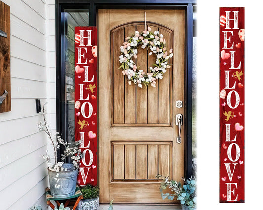 72-Inch 'Hello Love' Valentine's Day Porch Sign, Rustic Modern Farmhouse Entryway Board, Front Porch Valentine's Welcome Sign