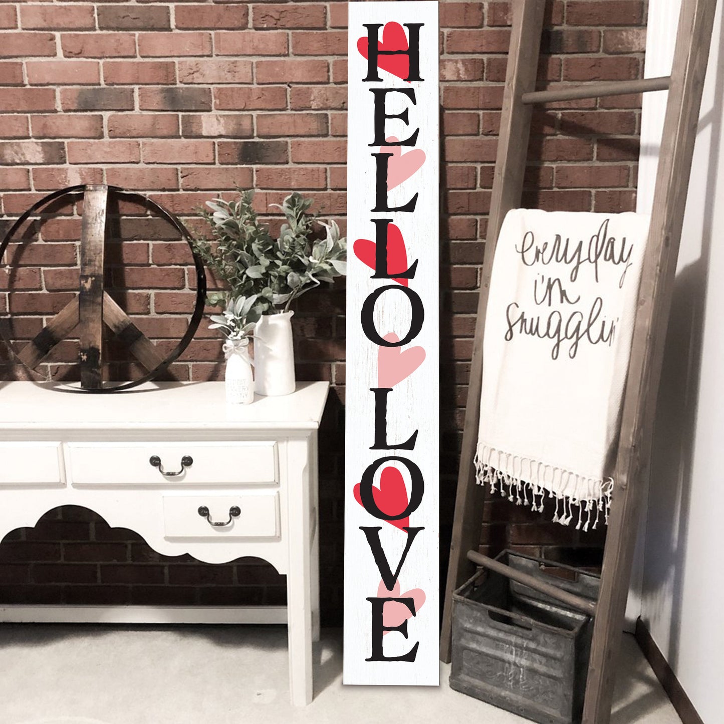 72in 'Hello Love' Valentine's Day Porch Sign, Rustic Modern Farmhouse Entryway Board, Front Porch Valentine's Decor