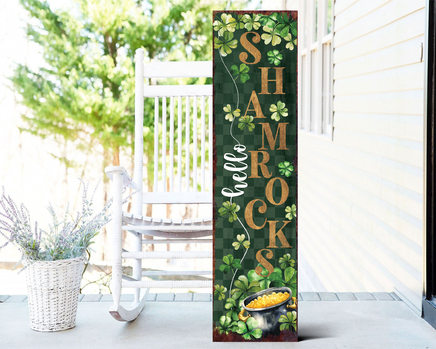 36-Inch Rustic Modern Farmhouse Entryway St. Patrick's Day "Hello Shamrocks" Sign for Front Porch, St. Patrick's Outdoor Decor for Front Door