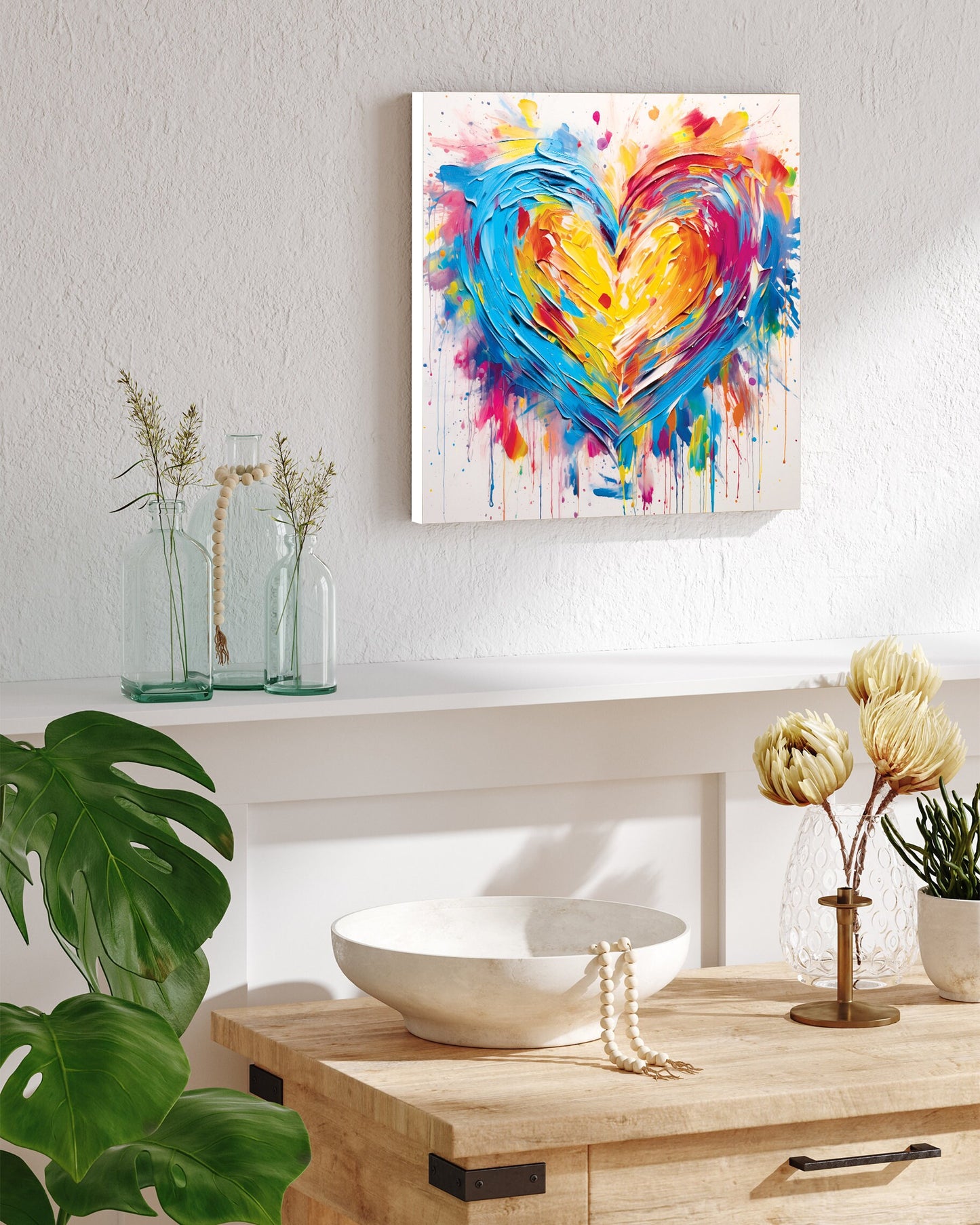 12in Oil Painting Style of a Colorful Heart Valentine__ Day Wall Canvas UV Print Wall Decor, Ideal for Entryway, Mantle, Living Room