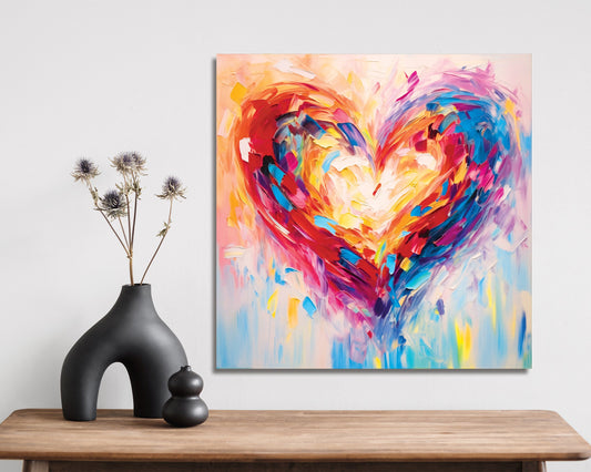 12in Oil Painting Style of a Colorful Heart Valentine__ Day Canvas UV Print Wall Art, Wall Canvas Printing, Living Room Decor | Mantle