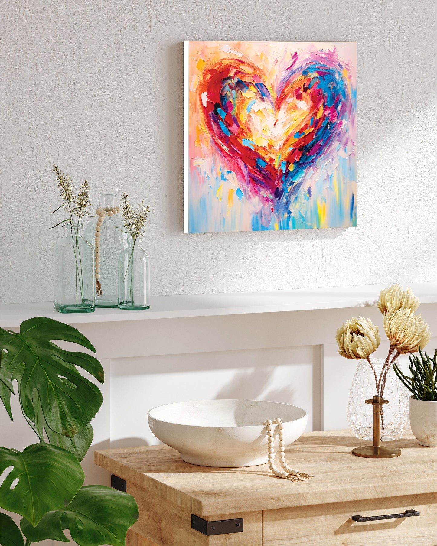 12in Oil Painting Style of a Colorful Heart Valentine__ Day Canvas UV Print Wall Art, Wall Canvas Printing, Living Room Decor | Mantle